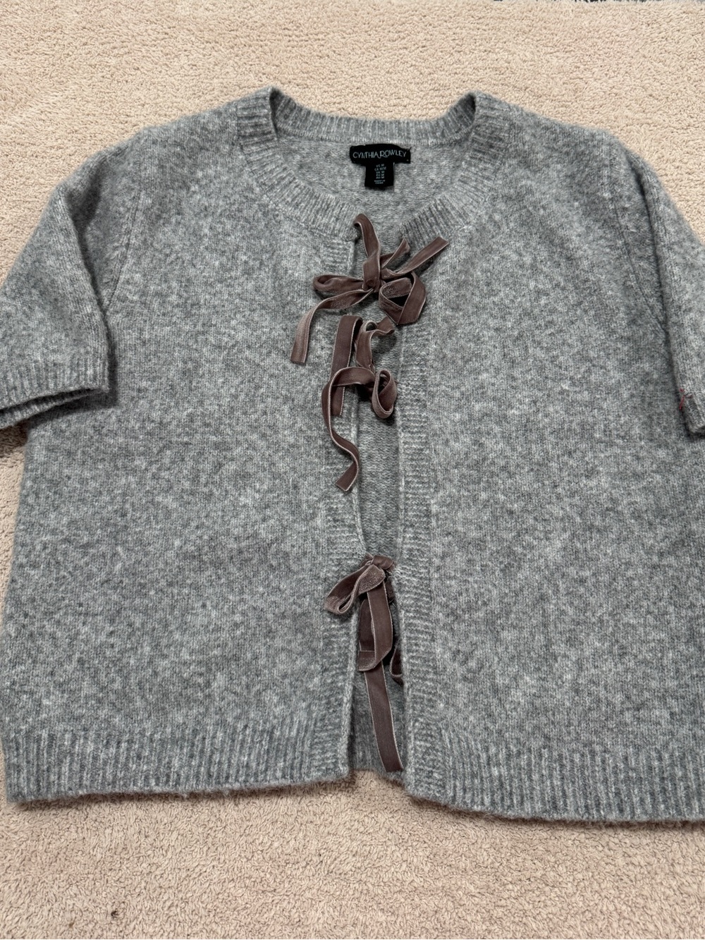 Cynthia Rowley Velvet Tie Short Sleeve Knit Cardigan Sweater Gray M